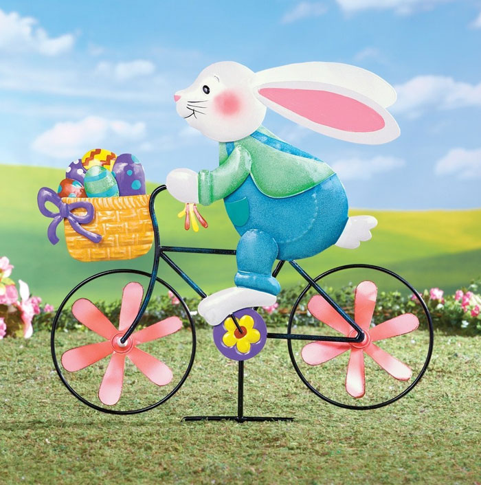 Metal-Whimsical-Easter-Bunny-Riding-Bicycle-Wind-Spinner-Stake-Garden-Yard-Stake-Decoration